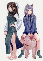 Rule 34 | 2girls, arm at side, arms between legs, artist name, barefoot, black hair, blue jacket, blue skirt, braid, breasts, brown eyes, drawstring, ear tag, earrings, feiqizi (fkey), fkey, full body, grey background, grey hair, hair ribbon, hand on own hip, highres, hood, hooded jacket, jacket, jewelry, long sleeves, looking at viewer, low twin braids, medium breasts, mole, mole under eye, multiple girls, no shoes, on animal, original, pig, ribbon, riding, simple background, sitting, skirt, socks, spcks, standing, twin braids, v arms, white ribbon, wide sleeves