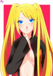 Rule 34 | 1girl, arm behind back, artist request, bad id, black jacket, blonde hair, blue eyes, blush, breasts, cleavage, closed mouth, facial mark, facing viewer, genderswap, genderswap (mtf), hand up, happy, highres, jacket, large breasts, long hair, long sleeves, looking at viewer, multicolored clothes, multicolored jacket, naruko (naruto), naruto, naruto (series), naruto shippuuden, no bra, no shirt, open clothes, open jacket, orange jacket, smile, solo, twintails, uzumaki naruto, very long hair, whisker markings, whiskers