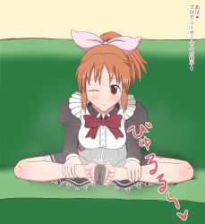 Rule 34 | 1girl, abe nana, absurdres, barefoot, blush, bow, brown eyes, brown hair, couch, cum, ejaculation, feet, feet together, hair bow, highres, idolmaster, idolmaster cinderella girls, long hair, maid, one eye closed, ponytail, smile, soles, sweat, toes, translated