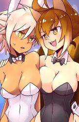 Rule 34 | 2girls, animal ears, antenna hair, artist name, bare shoulders, black leotard, black neckwear, blazblue, blush, bow, bowtie, breasts, brown eyes, brown hair, bullet (blazblue), cleavage, commentary, covered navel, dark-skinned female, dark skin, detached collar, doyagao, english commentary, eye contact, face-to-face, fake animal ears, hair between eyes, hand on another&#039;s shoulder, highres, large breasts, leotard, looking at another, lyn (shunao), makoto nanaya, multicolored hair, multiple girls, nontraditional playboy bunny, open mouth, playboy bunny, rabbit ears, short hair, smile, smug, squirrel ears, squirrel girl, squirrel tail, strapless, strapless leotard, sweatdrop, tail, v-shaped eyebrows, white hair, white leotard, wrist cuffs, yellow eyes
