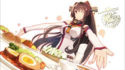 Rule 34 | 10s, 1girl, bread, breasts, brown eyes, cherry blossoms, egg, eyecatch, flower, food, hair ornament, highres, kantai collection, large breasts, long hair, non-web source, official art, omelet, omurice, one eye closed, ponytail, shizuma yoshinori, smile, solo, uniform, very long hair, yamato (kancolle)