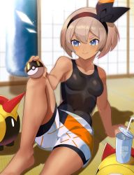 Rule 34 | &gt;:), 1girl, arm support, ball, bare arms, bare legs, bare shoulders, barefoot, bea (pokemon), black hairband, black ribbon, blurry, blurry background, blush, breasts, closed mouth, collarbone, commentary request, covered navel, creatures (company), cup, dark-skinned female, dark skin, depth of field, disposable cup, drinking straw, falinks, game freak, gen 8 pokemon, hair ribbon, hairband, highres, holding, holding ball, holding poke ball, indoors, katwo, knee up, leaning back, looking away, looking to the side, nintendo, on floor, poke ball, pokemon, pokemon (creature), pokemon swsh, ribbon, sandbag, short hair, short shorts, shorts, silver hair, sitting, sleeveless, small breasts, smile, tank top, thick eyebrows, ultra ball, white shorts
