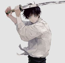 Rule 34 | 2boys, bad id, bad twitter id, black hair, black pants, blue eyes, closed mouth, cowboy shot, fighting stance, fte jwt, getou suguru, high collar, highres, holding, holding sword, holding weapon, jacket, jewelry, jujutsu kaisen, katana, long sleeves, looking at viewer, male focus, multiple boys, okkotsu yuuta, out of frame, pants, reflection, ring, school uniform, short hair, simple background, solo focus, sparkle, standing, sword, weapon, white background, white jacket