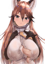 Rule 34 | 1girl, amasora taichi, animal ears, black gloves, blush, bow, bowtie, breasts, brown hair, censored, cleavage, disembodied penis, fox ears, gloves, gradient hair, hair between eyes, huge breasts, kemono friends, kemono friends 3, long hair, looking at viewer, mosaic censoring, multicolored hair, open mouth, paizuri, penis, perpendicular paizuri, red fox (kemono friends), simple background, solo focus, testicles, white background, yellow eyes, yellow neckwear