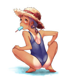 Rule 34 | 1girl, ass, bad id, bad twitter id, blue one-piece swimsuit, commentary request, food, from behind, full body, gekkou (geccomajin), hat, highres, long hair, looking up, low ponytail, mouth hold, one-piece swimsuit, one-piece tan, original, popsicle, purple hair, red eyes, school swimsuit, shoulder blades, simple background, solo, squatting, straw hat, swimsuit, tan, tanline, white background