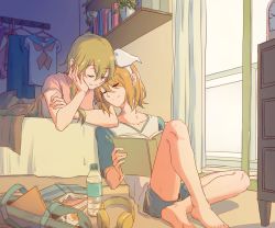 Rule 34 | 2girls, bad id, bad pixiv id, bag, barefoot, bed, bedroom, blonde hair, book, bottle, bow, chest of drawers, clock, closed eyes, collarbone, curtains, denim, denim shorts, drawer, face-to-face, green hair, gumi, hair bow, head rest, headphones, headphones removed, highres, indoors, kagamine rin, leaning on person, leaning to the side, long hair, lying, multiple girls, on bed, on floor, on stomach, pink shirt, plant, reading, room, roomscape, sailor collar, school uniform, serafuku, shelf, shirt, short hair, shorts, sidelocks, sitting, smile, t-shirt, vocaloid, water bottle, white bow, window, wounds404, yuri
