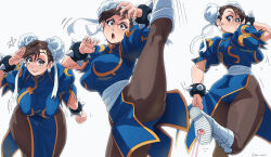 Rule 34 | 1girl, absurdres, ass, boots, bracelet, breasts, brown eyes, brown hair, bun cover, capcom, chinese clothes, chun-li, cross-laced footwear, double bun, earrings, fighting stance, hair bun, highres, inker comics, jewelry, kicking, lace-up boots, pantyhose, salute, simple background, smile, split, street fighter, white background, white footwear