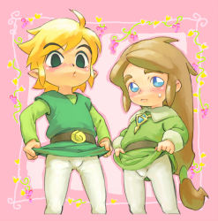 Rule 34 | 2boys, ahoge, androgynous, belt, black eyes, blonde hair, blue eyes, brown hair, bulge, clothes lift, color connection, crossover, eyebrows, link, long hair, low-tied long hair, male focus, multiple boys, nintendo, oo, pantyhose, pietro pakapuka, ponytail, popolocrois, shirt lift, short hair, simple background, sweatdrop, the legend of zelda, toon link, tunic, usikani, white legwear