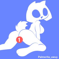 Rule 34 | 1girl, absurdres, artist name, blue theme, breasts, cat girl, censored, discord, from behind, full body, furry, furry female, highres, looking at viewer, looking back, monochrome, novelty censor, open mouth, palmerita uwuy, self-upload, smile, solo, watermark