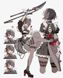 1girl apron black_hair black_pantyhose candy ellen_joe fins fish_tail food full_body kicking lollipop maid maid_apron maid_headdress multiple_views note_nii pantyhose red_eyes shark_tail short_hair tail thigh_strap weapon white_background zenless_zone_zero