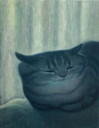 Rule 34 | animal, animal focus, cat, closed eyes, closed mouth, commentary request, grey cat, highres, indoors, karin hosono, lying, no humans, original, painting (medium), realistic, solo, traditional media