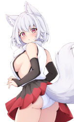 Rule 34 | 1girl, accidental exposure, animal ear fluff, animal ears, ass, black bridal gauntlets, black skirt, blush, breasts, bridal gauntlets, commentary request, cowboy shot, expressionless, from behind, inubashiri momiji, large breasts, looking at viewer, looking back, medium bangs, miniskirt, no headwear, open mouth, panties, pleated skirt, pom pom (clothes), red eyes, red skirt, rururiaru, shirt, short hair, sideboob, simple background, skirt, sleeveless, sleeveless shirt, solo, tail, tail raised, touhou, two-tone skirt, underwear, white background, white hair, white panties, white shirt, wolf ears, wolf girl, wolf tail