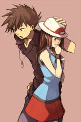Rule 34 | 00s, 1990s (style), 1boy, 1girl, alternate costume, blue eyes, blue oak, brown hair, cowboy shot, creatures (company), game freak, green (pokemon), green eyes, hand on another&#039;s head, hand on own hip, hand to own mouth, hat, jewelry, long hair, miniskirt, necklace, nintendo, pokemon, pokemon adventures, pokemon frlg, pokemon rgby, red background, retro artstyle, simple background, skirt, tears, v-neck, white hat, yui ko