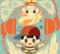 Rule 34 | 2boys, backpack, bag, baseball cap, black hair, blonde hair, blush stickers, building, copyright name, happy, hat, hitofutarai, looking at viewer, lucas (mother 3), male focus, mother (game), mother 2, mother 3, multiple boys, ness (mother 2), nintendo, open mouth, outstretched arms, red headwear, rotational symmetry, shirt, sideways hat, solid oval eyes, spread arms, star (symbol), striped clothes, striped shirt, upper body