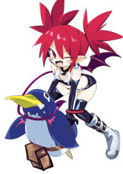 Rule 34 | 1girl, absurdres, black gloves, black thighhighs, demon wings, disgaea, elbow gloves, etna (disgaea), gloves, highres, ocha (popopogg), prinny, red eyes, red hair, simple background, thighhighs, twintails, white background, white footwear, wings