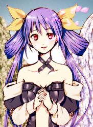 Rule 34 | 1girl, arc system works, asymmetrical wings, bare shoulders, blue hair, bow, breasts, center opening, collarbone, detached sleeves, dizzy (guilty gear), guilty gear, hair bow, own hands clasped, long hair, looking at viewer, own hands together, petals, red eyes, smile, solo, tsushima (trytrytry), wings