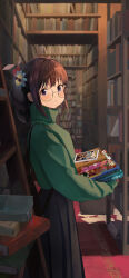 Rule 34 | 1girl, :o, absurdres, alternate hairstyle, bespectacled, black hair, black skirt, blush, book, bookshelf, carpet, flower, glasses, green sweater, hair flower, hair ornament, highres, holding, holding book, indoors, inoue takina, ladder, library, light particles, long hair, long sleeves, looking at viewer, looking to the side, lycoris recoil, pleated skirt, purple eyes, round eyewear, shirasuke 0822, sidelocks, skirt, solo, standing, sweater