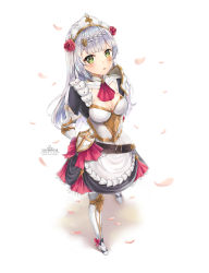 Rule 34 | 1girl, absurdres, armor, armored boots, armored dress, arms behind back, ascot, belt, blunt bangs, boots, braid, breasts, cleavage, commentary request, flower, from above, gauntlets, genshin impact, green eyes, hair flower, hair ornament, highres, knight, long hair, long sleeves, looking at viewer, looking up, maid, maid headdress, noelle (genshin impact), parted lips, rose, sidelocks, silver hair, silverpixia, simple background, single braid, solo, standing, white background