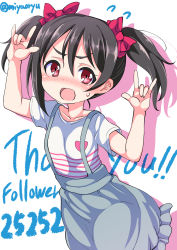 Rule 34 | 10s, 1girl, black hair, blue skirt, blush, bow, colored shadow, double m/, english text, flying sweatdrops, hair bow, highres, looking at viewer, love live!, love live! school idol project, m/, milestone celebration, miyao ryuu, nico nico nii, number pun, open mouth, red eyes, shadow, shirt, short hair, signature, skirt, smile, solo, standing, suspender skirt, suspenders, sweatdrop, t-shirt, thank you, twintails, twitter username, white shirt, yazawa nico