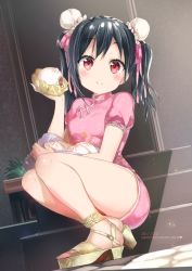Rule 34 | 1girl, baozi, birthday, black hair, breasts, china dress, chinese clothes, dated, double bun, dress, eating, english text, food, happy birthday, high heels, love live!, love live! school idol festival, love live! school idol project, micopp, red eyes, sitting, small breasts, solo, stairs, twintails, yazawa nico