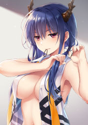Rule 34 | 1girl, arknights, blue hair, blush, breasts, ch&#039;en (arknights), cleavage, closed mouth, collared shirt, dragon horns, hair tie, horns, large breasts, long hair, mouth hold, naked shirt, navel, no bra, open clothes, open shirt, red eyes, saeki hokuto, shirt, sleeveless, sleeveless shirt, solo, tying hair, upper body, white shirt