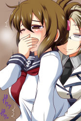 Rule 34 | 10s, 2girls, blonde hair, blush, breasts, brown hair, covering own mouth, fingering, folded ponytail, glasses, highres, implied fingering, inazuma (kancolle), kantai collection, katori (kancolle), medium breasts, multiple girls, neckerchief, necktie, nishi koutarou, one eye closed, sailor collar, tears, translation request, yuri