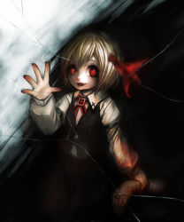 Rule 34 | 1girl, blonde hair, blood, blood on clothes, blood on hands, broken glass, fang, female focus, glass, glowing, glowing eyes, highres, holding own arm, rumia, solo, spark621, touhou