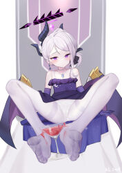 Rule 34 | 1girl, asymmetrical horns, bare shoulders, blue archive, blush, chinese commentary, closed mouth, cocktail, cocktail glass, commentary request, cup, demon girl, demon horns, dress, drinking glass, earrings, elbow gloves, flat chest, foreshortening, gloves, halo, highres, hina (blue archive), hina (dress) (blue archive), horns, jewelry, kalun (fwme3378), necklace, no shoes, official alternate costume, paid reward available, panties, panties under pantyhose, pantyhose, pearl necklace, pendant, purple dress, purple eyes, purple gloves, purple halo, purple pantyhose, sitting, soles, solo, spread legs, strapless, strapless dress, thighband pantyhose, toes, underwear, white panties