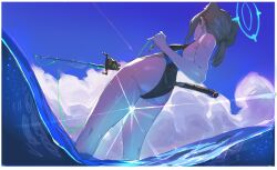 Rule 34 | 1girl, absurdres, animal ear fluff, animal ears, ass, black one-piece swimsuit, blue archive, blue halo, breasts, cloud, cloudy sky, competition swimsuit, extra ears, fishing, fishing rod, from behind, grey hair, halo, highleg, highleg swimsuit, highres, holding, holding fishing rod, light rays, low ponytail, medium hair, multicolored clothes, multicolored swimsuit, niunaigaoban, ocean, official alternate costume, one-piece swimsuit, outdoors, shiroko (blue archive), shiroko (swimsuit) (blue archive), sky, small breasts, solo, standing, swimsuit, two-tone swimsuit, wading, water, wolf ears