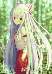 Rule 34 | 1girl, blurry, blurry background, blush, bow, breasts, closed mouth, commentary request, cowboy shot, firepo, fujiwara no mokou, hair bow, hair ribbon, half updo, hand in pocket, highres, long hair, long sleeves, looking at viewer, looking to the side, medium breasts, pants, plant, red eyes, red pants, ribbon, shirt, shirt tucked in, sidelocks, solo, standing, suspenders, touhou, very long hair, white bow, white hair, white ribbon, white shirt