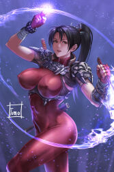 Rule 34 | 1girl, abs, absurdres, armor, bodysuit, breasts, brown eyes, brown hair, covered erect nipples, fingerless gloves, gloves, highres, impossible bodysuit, impossible clothes, large breasts, looking at viewer, muscular, muscular female, navel, ninja, ponytail, red bodysuit, scabbard, sheath, short sword, skin tight, solo, soul calibur, soulcalibur, soulcalibur vi, sword, taki (soulcalibur), tomo eokaiteru, weapon