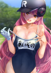 1girl aizono_manami baseball_helmet blush breasts cleavage clothes_pull collarbone competition_school_swimsuit gloves helmet highres konkito large_breasts long_hair name_tag navel nijisanji one-piece_swimsuit_pull open_mouth outdoors pink_hair school_swimsuit single_glove skindentation smile solo sweatdrop swimsuit very_long_hair virtual_youtuber yellow_eyes