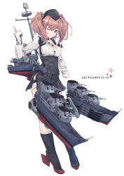 Rule 34 | 1girl, absurdres, anchor hair ornament, anti-aircraft, anti-aircraft gun, atlanta (kancolle), black footwear, black hat, black skirt, boots, bra visible through clothes, breasts, brown hair, cannon, dress shirt, earrings, full body, garrison cap, garter straps, gloves, grey eyes, hair between eyes, hair ornament, hat, high-waist skirt, highres, jewelry, kantai collection, large breasts, long hair, long sleeves, machinery, mast, minosu, partially fingerless gloves, rigging, rudder footwear, shirt, single earring, skirt, smokestack, solo, star (symbol), star earrings, suspender skirt, suspenders, thigh strap, turret, two side up, white gloves, white shirt
