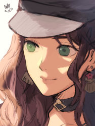 Rule 34 | 1girl, black hat, brown hair, choker, dorothea arnault, earrings, fire emblem, fire emblem: three houses, green eyes, hat, jewelry, lips, long hair, mayo (becky2006), nintendo, portrait, signature, simple background, smile, solo, sunlight, white background