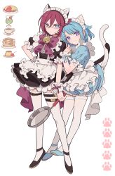Rule 34 | 2boys, alternate costume, animal ears, apron, bell, black dress, black footwear, blue dress, blue eyes, blue hair, bow, cat ears, cat tail, closed mouth, coffee cup, cream soda, crossdressing, cup, disposable cup, dress, enmaided, ensemble stars!, food, frilled apron, frilled dress, frills, frying pan, full body, glasses, hair between eyes, hand on another&#039;s shoulder, hand on own hip, highres, holding, holding frying pan, intertwined tails, kemonomimi mode, leaning on person, looking at viewer, maid, maid apron, maid headdress, male focus, male maid, meremero, multiple boys, neck bell, omelet, omurice, open mouth, pancake, pancake stack, pink bow, pudding, puffy short sleeves, puffy sleeves, purple hair, saegusa ibara, shino hajime, shoes, short hair, short sleeves, simple background, smile, standing, tail, thigh strap, thighhighs, waist apron, white apron, white background, white thighhighs, wrist cuffs