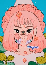 Rule 34 | 1girl, artist name, bee, black eyes, blue background, bug, flower, hat, honey, insect, insect on nose, leaf, looking at viewer, medium hair, meyoco, original, pink flower, pink hair, pink hat, plant, shirt, solo, sparkle, upper body, white flower, white shirt