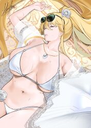 1girl absurdres armpits artoria_pendragon_(fate) artoria_pendragon_(lancer)_(fate) bare_shoulders bikini blonde_hair breasts cleavage closed_eyes commentary_request eyewear_on_head fate/grand_order fate_(series) flower from_above high_ponytail highres huge_breasts jewelry lying navel necklace on_back see-through_clothes see-through_shirt shiki_(love-saber) shirt sidelocks sleeping solo swimsuit underboob white_bikini white_flower