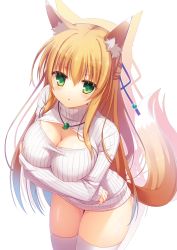 Rule 34 | 1girl, animal ears, blonde hair, blush, breast hold, breasts, character request, cleavage, cleavage cutout, clothing cutout, curvy, fox ears, fox tail, green eyes, hair ribbon, highres, jewelry, large breasts, leaning forward, long hair, looking at viewer, meme attire, necklace, open-chest sweater, original, pendant, ribbed sweater, ribbon, simple background, skindentation, solo, standing, sweater, tail, thighhighs, thighs, white background, white thighhighs, wide hips, yuzu modoki