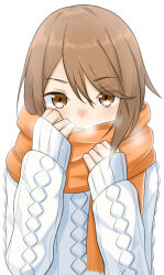 Rule 34 | 1girl, adjusting scarf, aran sweater, blush, breath, brown eyes, brown hair, cable knit, child, close-up, cold, commentary, covering own mouth, embarrassed, hair between eyes, hand on own face, hands up, kinuhata saiai, kuronoya50, long sleeves, looking at viewer, nose blush, orange scarf, portrait, scarf, scarf over mouth, short hair, simple background, sleeves past wrists, solo, straight-on, sweater, toaru kagaku no railgun, toaru majutsu no index, toaru majutsu no index: old testament, upper body, white background, white sweater, winter clothes