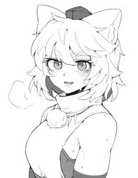 Rule 34 | 1girl, animal ears, bare shoulders, black eyes, formicid, greyscale, inubashiri momiji, looking at viewer, monochrome, open mouth, shirt, short hair, short sleeves, simple background, sleeveless, sleeveless shirt, solo, sweat, touhou, white background, white hair, white shirt, wolf ears, wolf girl