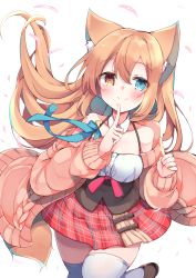 Rule 34 | 1girl, animal ear fluff, animal ears, blush, breasts, cardigan, cat ears, detached collar, finger to mouth, hair between eyes, heterochromia, highres, long hair, looking at viewer, medium breasts, off shoulder, orange hair, original, petals, satsuki mayuri, skirt, smile, solo, tail, thighhighs, white background, white thighhighs