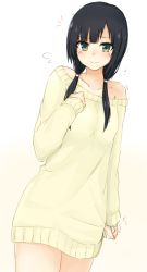 Rule 34 | 1girl, black hair, closed mouth, collarbone, cowboy shot, dress, green eyes, long hair, long sleeves, looking at viewer, low twintails, off-shoulder sweater, off shoulder, shirobako, simple background, sketch, solo, standing, sweater, sweater dress, tahita1874, twintails, white background, white sweater, yasuhara ema