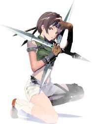 Rule 34 | 1girl, asymmetrical legwear, beige shorts, brown eyes, brown hair, chest strap, cofffee, final fantasy, final fantasy vii, final fantasy vii remake, fingerless gloves, fishnets, full body, gloves, green shirt, hand on own face, headband, holding, holding weapon, leg warmers, midriff, navel, parted lips, shirt, short hair, shorts, shuriken, sleeveless, sleeveless turtleneck, solo, square enix, turtleneck, open fly, weapon, white background, yuffie kisaragi