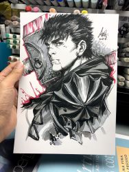Rule 34 | 1boy, armor, art tools in frame, berserk, black hair, blood, blood from mouth, blood on face, closed mouth, greyscale, guts (berserk), highres, huge weapon, looking at viewer, marker (medium), monochrome, one-eyed, over shoulder, pauldrons, scar, shoulder armor, signature, spiked hair, stanley lau, sword, sword over shoulder, thick eyebrows, traditional media, weapon, weapon over shoulder