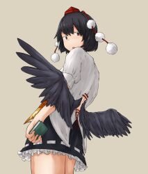 Rule 34 | 1girl, ass, back cutout, black hair, black wings, book, brown eyes, chagamaka, clothing cutout, commentary, cowboy shot, flat ass, from side, hat, highres, holding, holding book, low wings, miniskirt, pom pom (clothes), ribbon-trimmed skirt, ribbon trim, shameimaru aya, skirt, solo, tokin hat, touhou, wings