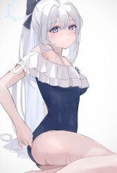 Rule 34 | 1girl, aohara ema, bare arms, bare legs, bare shoulders, blue archive, blue halo, blue one-piece swimsuit, blush, closed mouth, frilled one-piece swimsuit, frills, grey hair, hair between eyes, halo, highres, long hair, looking at viewer, miyako (blue archive), miyako (swimsuit) (blue archive), off-shoulder one-piece swimsuit, off shoulder, official alternate costume, one-piece swimsuit, ponytail, purple eyes, simple background, solo, swimsuit, wet, white background