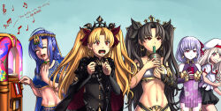 Rule 34 | 5girls, :&gt;, :3, :d, ^ ^, black hair, black ribbon, blonde hair, blue background, blue hair, cellphone, character request, closed eyes, commentary, cup, disposable cup, drinking, drinking straw, drinking straw in mouth, earrings, english commentary, ereshkigal (fate), ereshkigal (third ascension) (fate), fate/grand order, fate/kaleid liner prisma illya, fate (series), hair ribbon, hat, holding, holding phone, homurahara academy school uniform, illyasviel von einzbern, ishtar (fate), jewelry, jukebox, long hair, multiple girls, musical note, navel, open mouth, phone, purple hair, red eyes, red ribbon, ribbon, school uniform, short hair, simple background, smartphone, smile, stomach, substance20, twintails