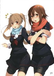 Rule 34 | 10s, 2girls, ^^^, absurdres, adapted costume, black ribbon, black serafuku, black shirt, black skirt, blue scarf, blush, brown eyes, brown hair, cold, crossed arms, hair between eyes, hair ribbon, hairband, highres, kantai collection, kujou ichiso, light brown hair, long hair, long sleeves, looking at another, multiple girls, murasame (kancolle), nose blush, official art, orange eyes, pleated skirt, red hairband, red scarf, ribbon, scan, scarf, school uniform, serafuku, shiny clothes, shiratsuyu (kancolle), shirt, short hair, short sleeves, simple background, skirt, snot, sweatdrop, thigh strap, trembling, triangle mouth, twintails, white background
