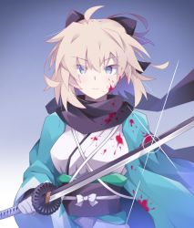 Rule 34 | 1girl, ahoge, black bow, black scarf, blonde hair, blood, blood on clothes, blood on face, blue background, bow, breasts, commentary request, fate/grand order, fate (series), gradient background, hair between eyes, hair bow, highres, holding, holding sword, holding weapon, japanese clothes, katana, kimono, looking at viewer, medium hair, obi, okita souji (fate), okita souji (koha-ace), sash, scarf, serious, solo, sword, upper body, uryu0270, weapon, yellow eyes