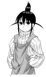 Rule 34 | 00s, 1girl, dress, genshiken, greyscale, hands in pockets, high ponytail, long sleeves, looking at viewer, monochrome, ogiue chika, pinafore dress, sleeveless dress, solo, topknot, turtleneck, yn red